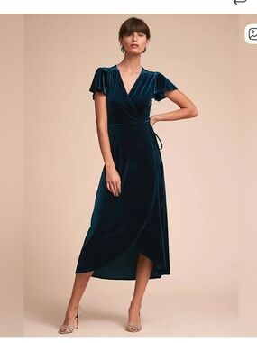 BHLDN Thrive Velvet Wrap Midi Dress, Teal, Size XS